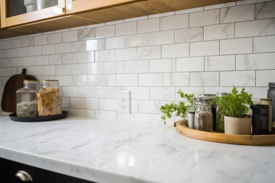 marble tile with light grey grout lines over marble countertop